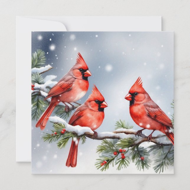 Cardinaux dans la carte de vacances de neige plat (Devant)