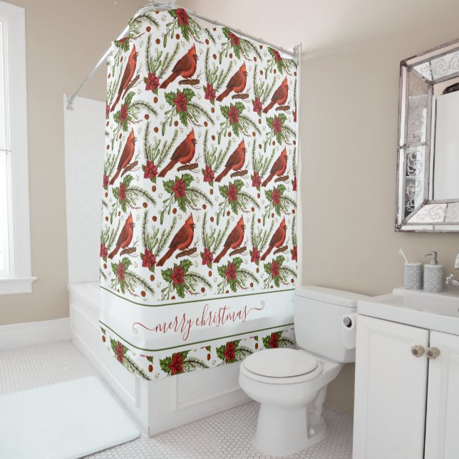 Cardinaux rouges Joyeux rideau de douche de Noël (En situation)