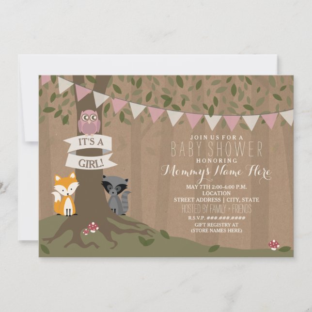 Cardstock Inspiriert Woodland Babydusche - Mädchen Einladung (Vorderseite)