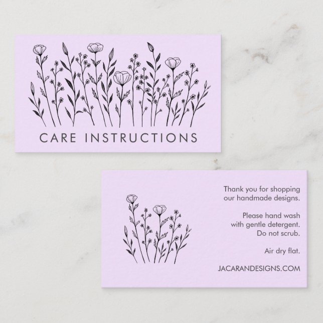 CARE ANWEISUNGEN Chic Elegante Wildblume Lavendel Visitenkarte (Vorne/Hinten)