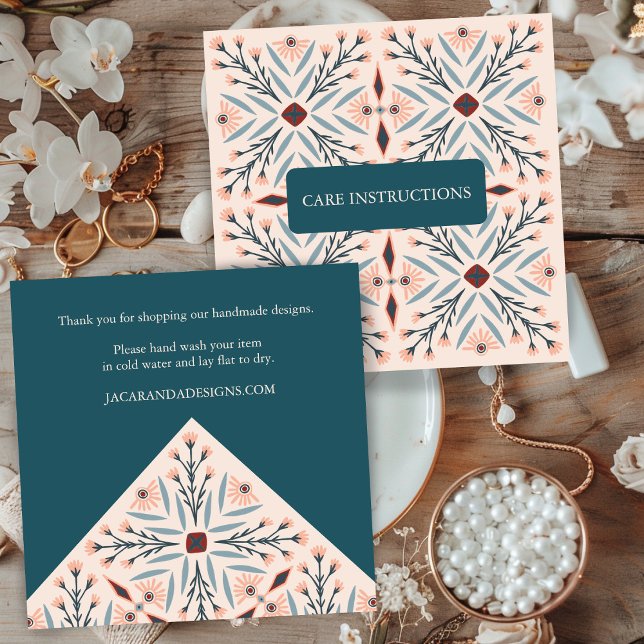 CARE-ANWEISUNGEN Geometrisch elegante Fliesen mit  Quadratische Visitenkarte (CARE INSTRUCTIONS Elegant Floral Tiles Geometric Square Business Card
)