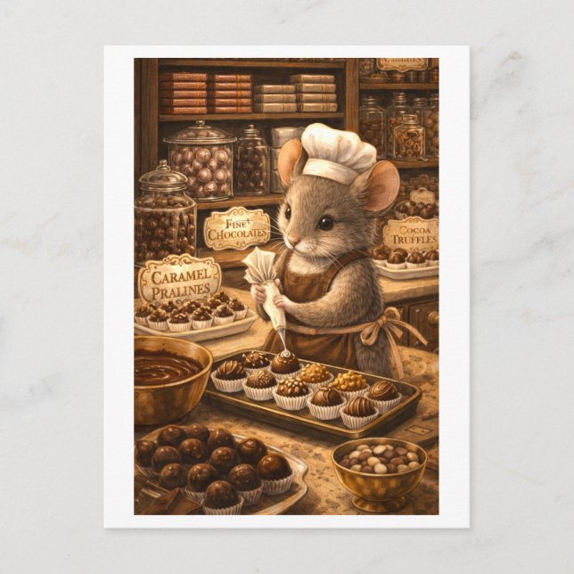 Career Mouse in Chocolate Shop Postkarte (Vorderseite)