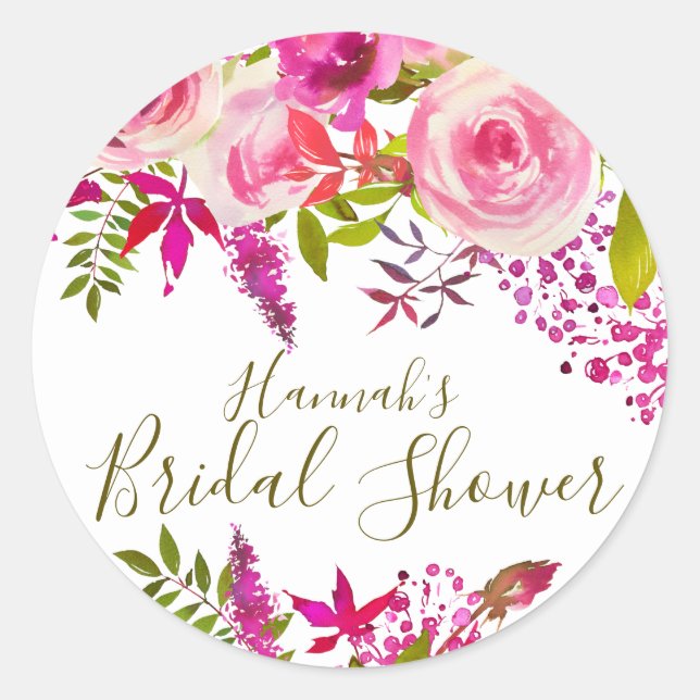 Carefree Boho Chic Pink Floral Brautparty Runder Aufkleber (Vorderseite)