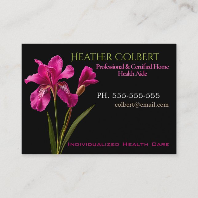 Caregiver Elegante Pink Iris Beruflich Visitenkarte (Vorderseite)