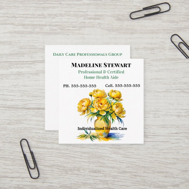 Caregiver Yellow Peony Square Beruflich Quadratische Visitenkarte (Vorderseite/Rückseite Beispiel)