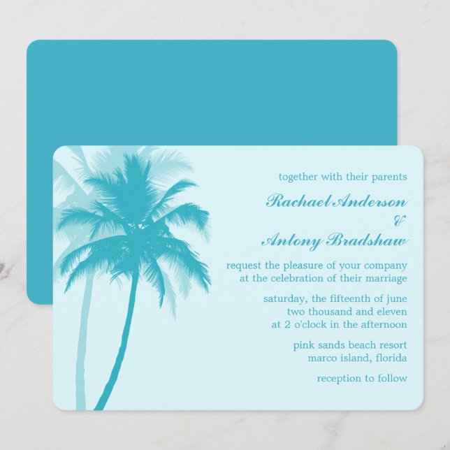 Caribbean Blue Palm Trees Tropical Wedding Einladung (Vorne/Hinten)