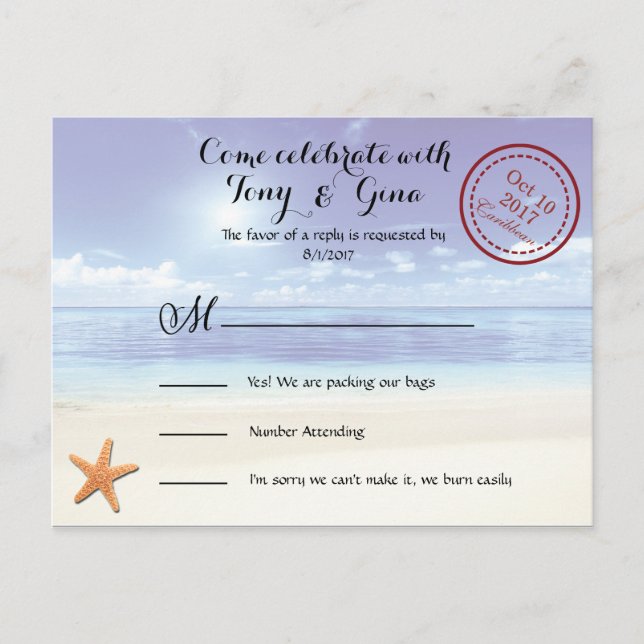 Caribbean Dreamz Hochzeit in Urlaubsort UAWG Postk Einladungspostkarte (Vorderseite)