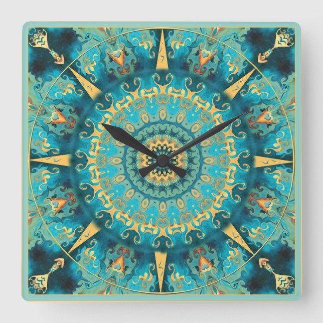 Caribbean Gold Mandala Wall Clock Quadratische Wanduhr (Vorderseite)