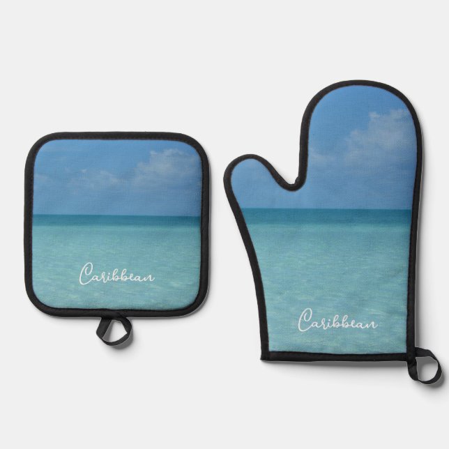 Caribbean Horizon Tropical Turquoise Blue Ofenhandschuh & Topflappen-Set (Vorderseite)