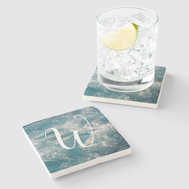Caribbean Sea Blue White Waves Seascape Monogram Steinuntersetzer (Seitenansicht)