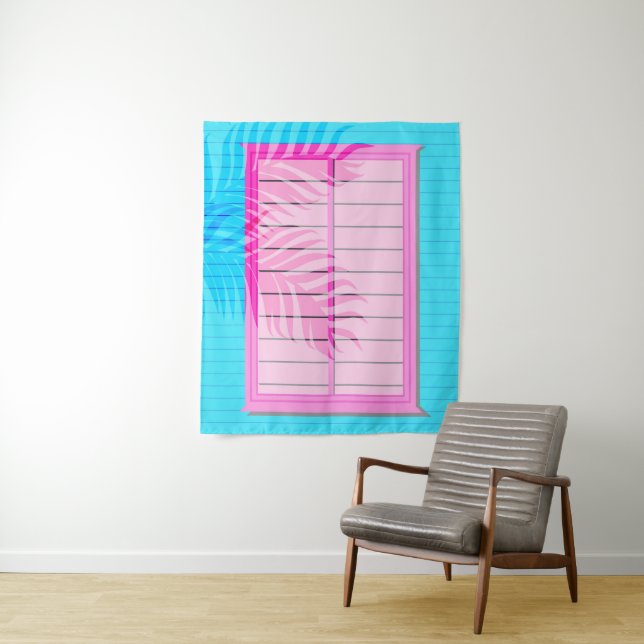 Caribbean Vibes Pink und Blue Window Shutters Wandteppich (Beispiel)