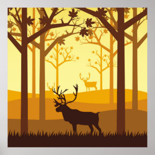 Caribou silhouette in the forest on the autumn sea poster