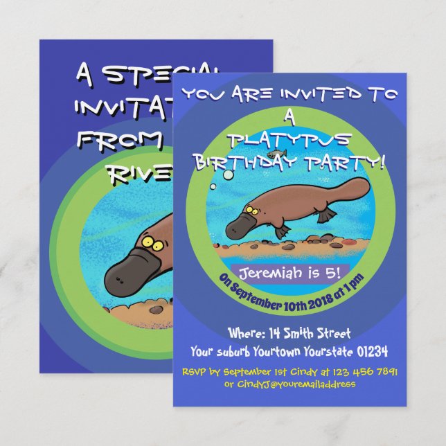 Caricature de Cute platypus 5 ans invitation anniv (Devant / Derrière)