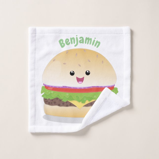 Caricature de hamburger kawaii joyeux (Gant de toilette)