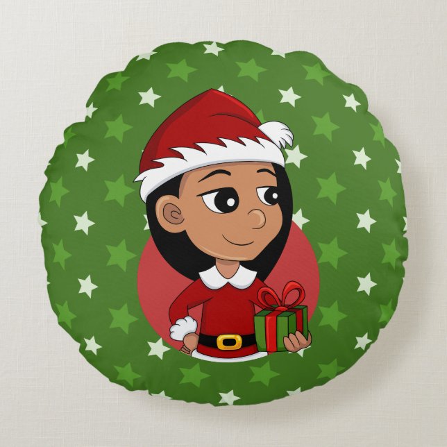 Caricature de la fille de Noël coussin rond (Devant)