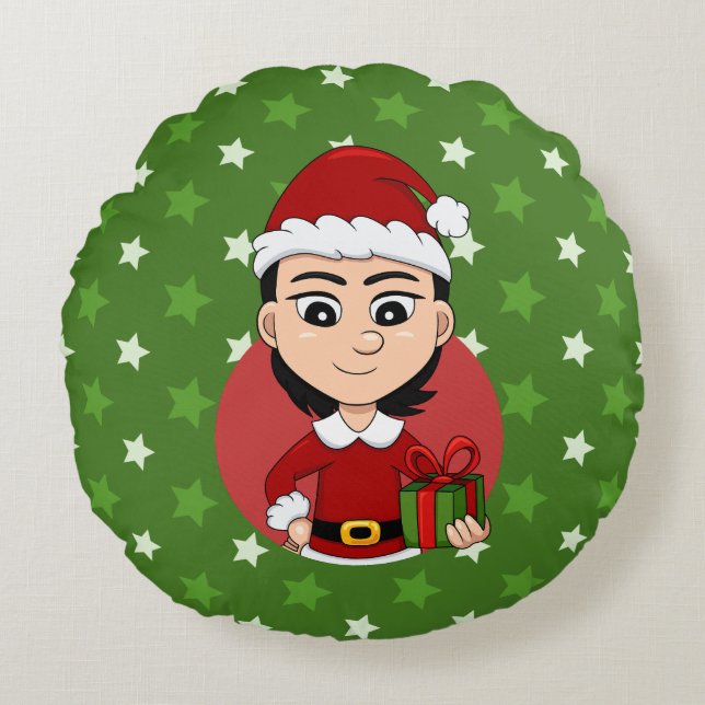 Caricature de la fille de Noël coussin rond (Devant)