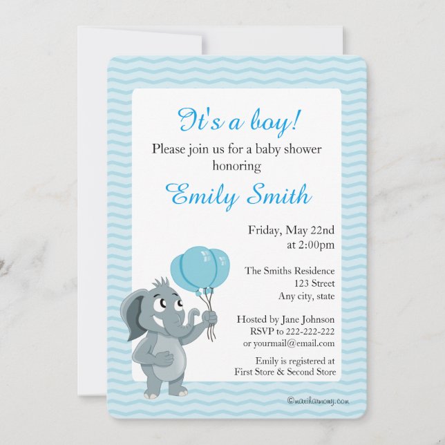 Caricature d'éléphant invitations baby showers (Devant)