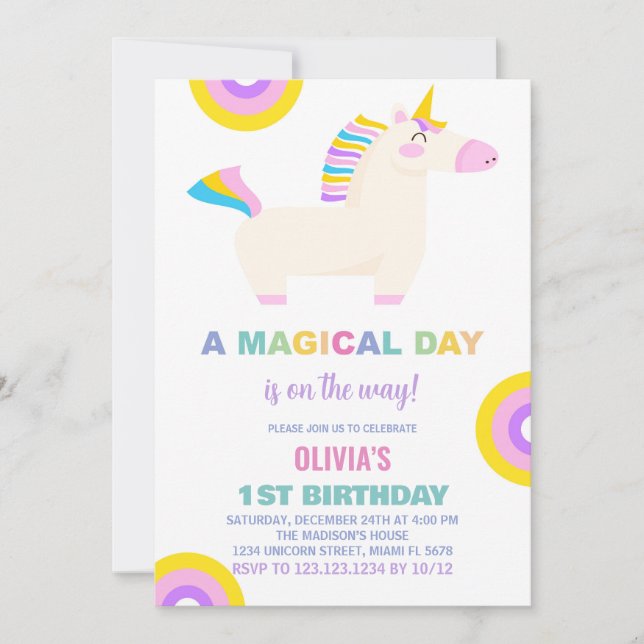 Caricature Rainbow Unicorn Invitations d'anniversa (Devant)