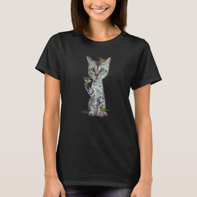 Caricature  Silver Bengal Cat with Birds  Cats     T-Shirt (Vorderseite)