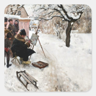 Carl Larsson Open-Air-Malerin. Winter-Motif Quadratischer Aufkleber