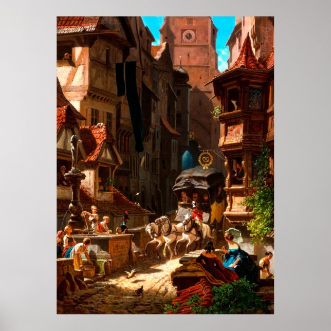 Carl Spitzweg, Ankunft der Postkutsche 1859 Poster (Vorne)