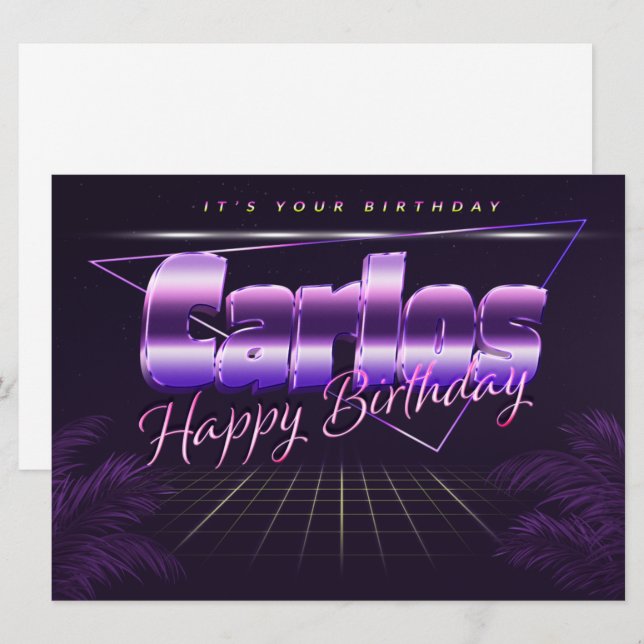 Carlos Name Vorname lila retro Karte Geburtstag (Vorne/Hinten)