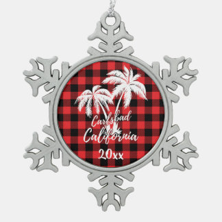 Carlsbad California Beach Palm Tree Red Kariert Schneeflocken Zinn-Ornament