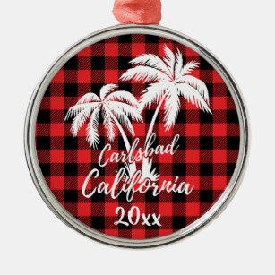 Carlsbad California Beach Palm Tree Red Plaid Ornament Aus Metall