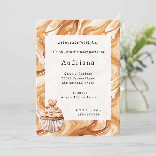 Carmel Cream Hearts Caramel Cupcake Birthday  Einladung (Stehend Vorderseite)