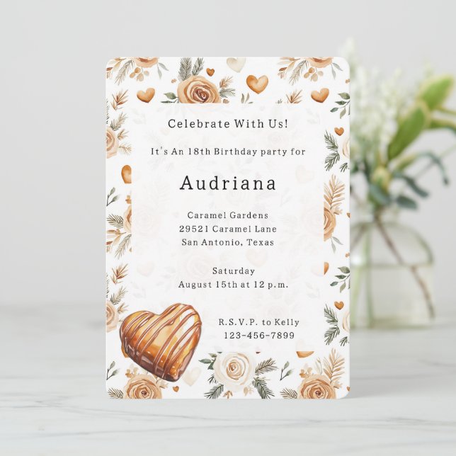 Carmel Cream Hearts Floral Caramel Birthday  Einladung (Stehend Vorderseite)