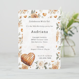 Carmel Cream Hearts Floral Caramel Birthday  Einladung