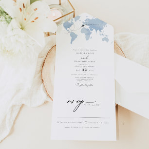 CARMEN Dusty Blue Map Travel Destination Hochzeit  All In One Einladung