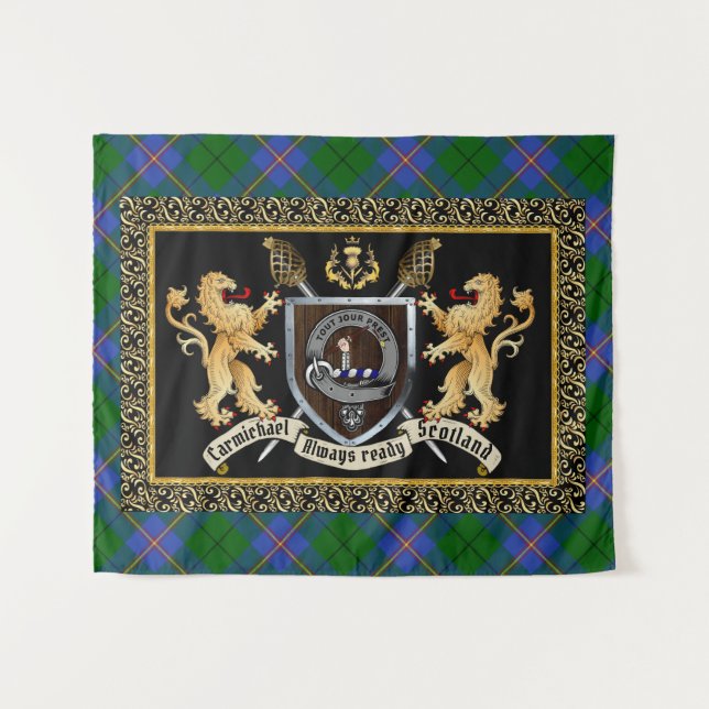 Carmichael Clan Abzeichen & Motto w/Lions Wandteppich (Vorderseite (Horizontal))