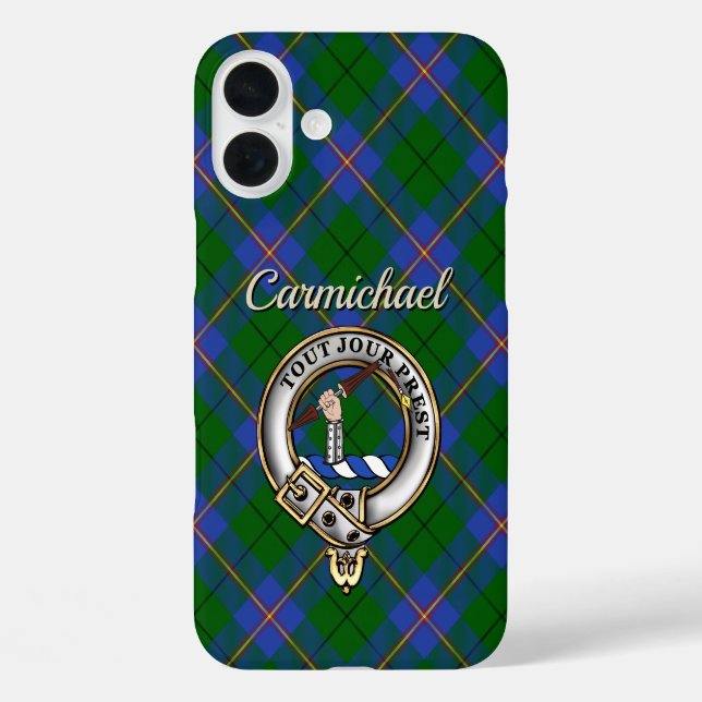 Carmichael Clan Abzeichen & Tartan Personalisiert iPhone 16 Plus Hülle (Rückseite)