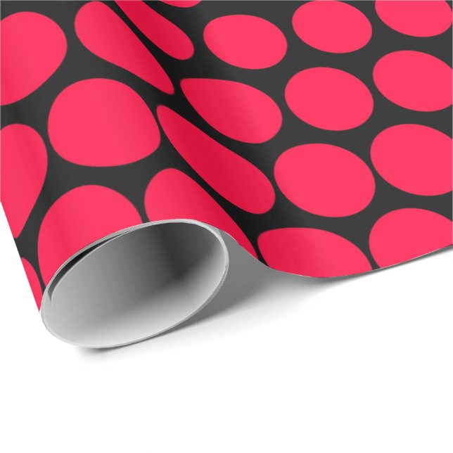 Carmine Red Polka Dot Modern Black Geschenkpapier (Rolleneckpunkt)