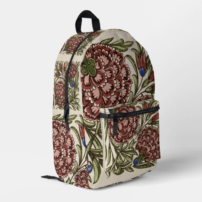 Carnation Blume Tile Antique Rustikale Kunst Bedruckter Rucksack (Rückseitige Ecke links)