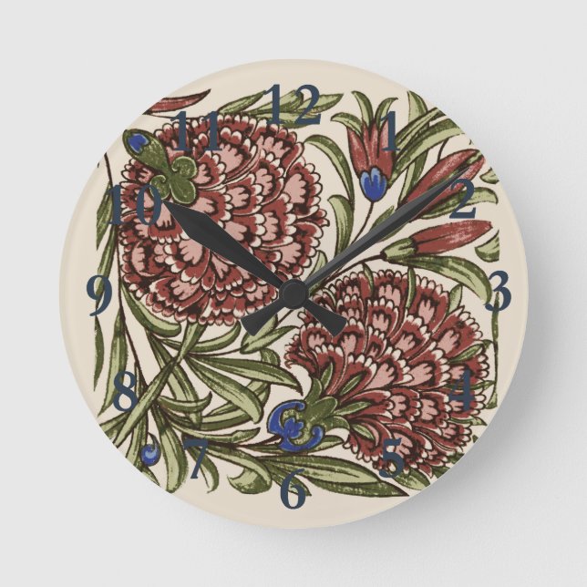 Carnation Blume Tile Antique Rustikale Kunst Runde Wanduhr (Vorderseite)