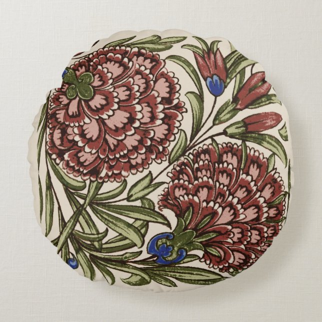 Carnation Blume Tile Antique Rustikale Kunst Rundes Kissen (Vorderseite)