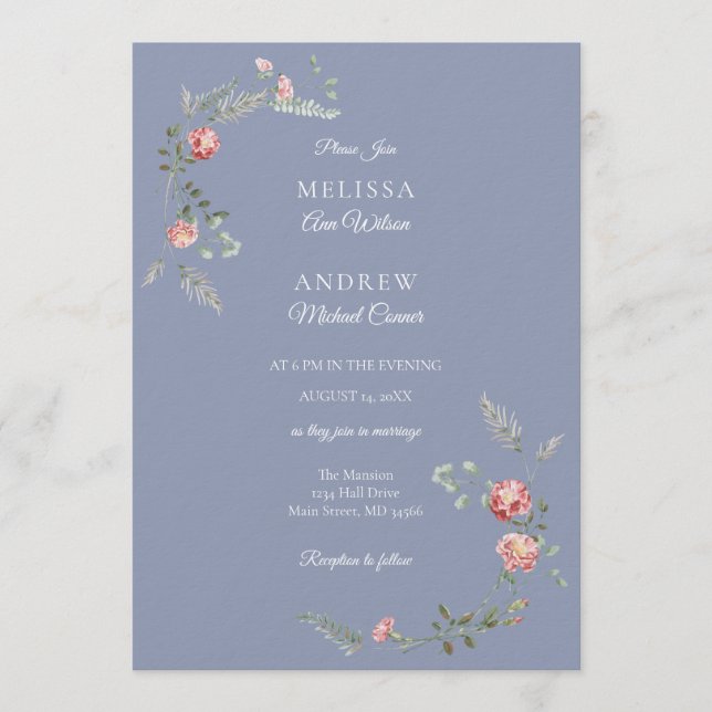 Carnations and Blue Wedding Invitation Suite (Devant)