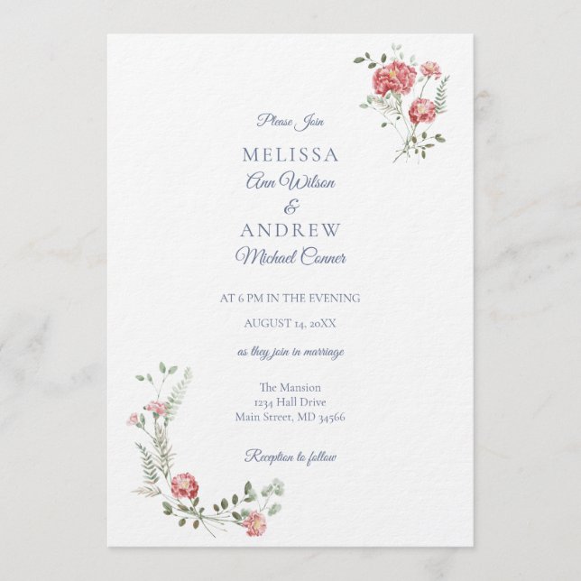 Carnations and Blue Wedding Invitation Suite (Devant)