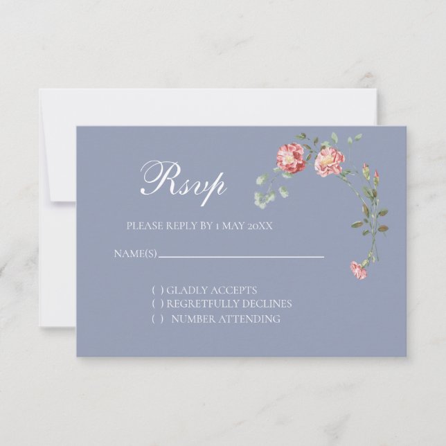 Carnations and  Blue Wedding RSVP card Karte (Vorderseite)