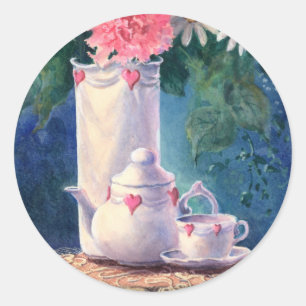 CARNATIONS & TEAPOT VON SHARON SHARPE RUNDER AUFKLEBER