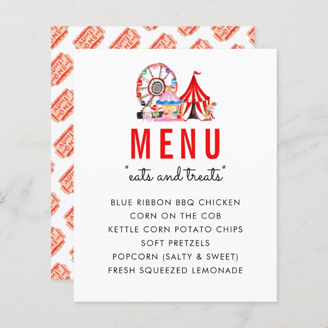 Carnaval moderne Circus Show Anniversaire Menu (Devant / Derrière)