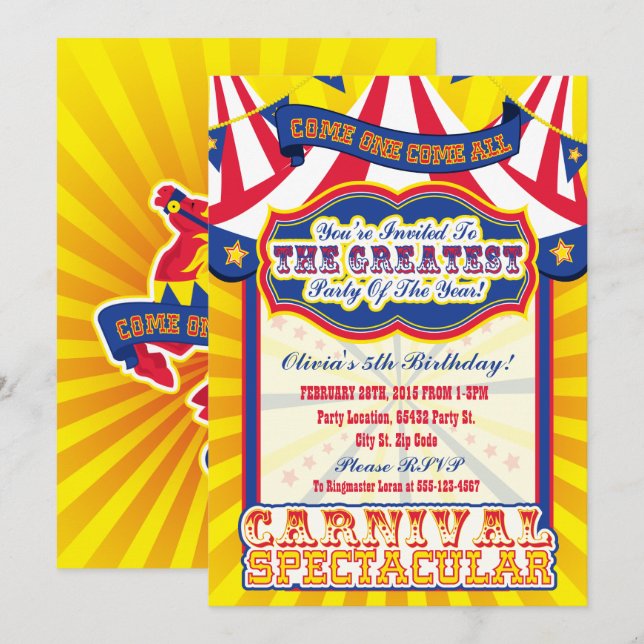 Carnaval Spectaculaire Invitations d'anniversaire (Devant / Derrière)