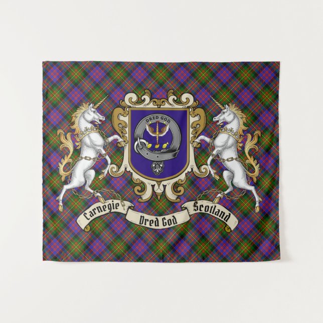 Carnegie Clan Abzeichen & Unicorns mit Tartan Wandteppich (Vorderseite (Horizontal))