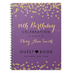 Carnet 18ème pourpre de confettis d'or d'anniversaire de