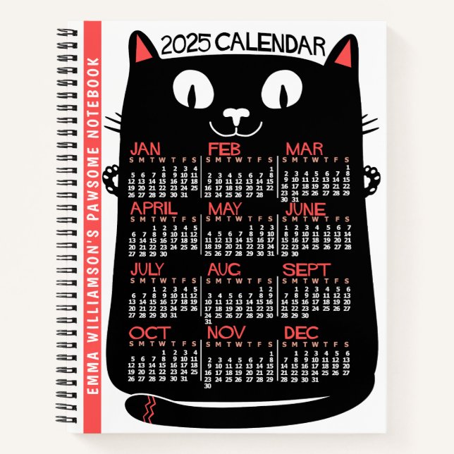 Carnet 2025 Année Calendrier mensuel Chat noir du milieu  (Devant)