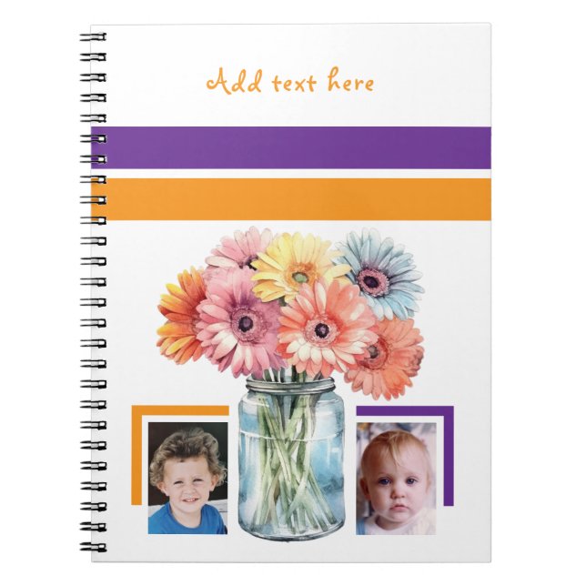 Carnet 2 photo custom text flowers purple orange (Devant)