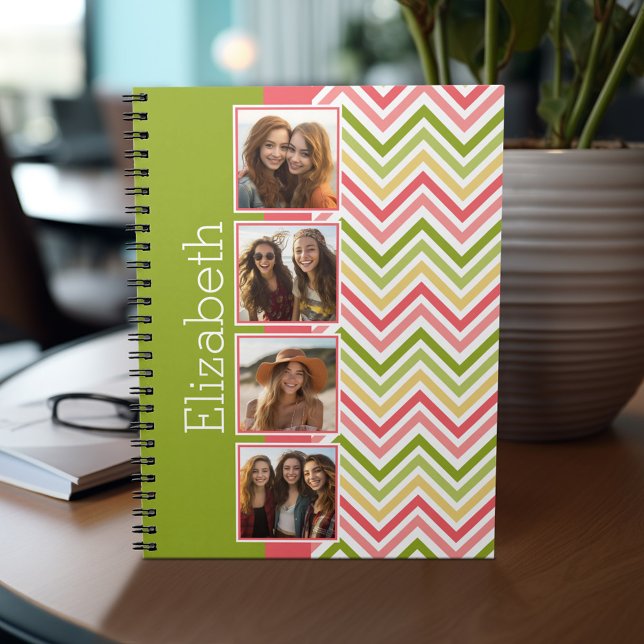 Carnet 4 Photo Collage de chaux et de coraux Chevrons (Personalized notebook - add photos and your name or other text)