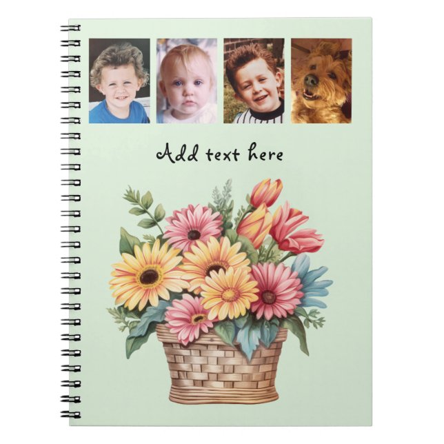 Carnet 4 photo custom text gerbera flowers green (Devant)